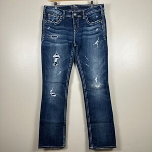 Silver Jeans Co Women's 32 Aiko Baby Boot Blue Distressed Thick Stitch Denim